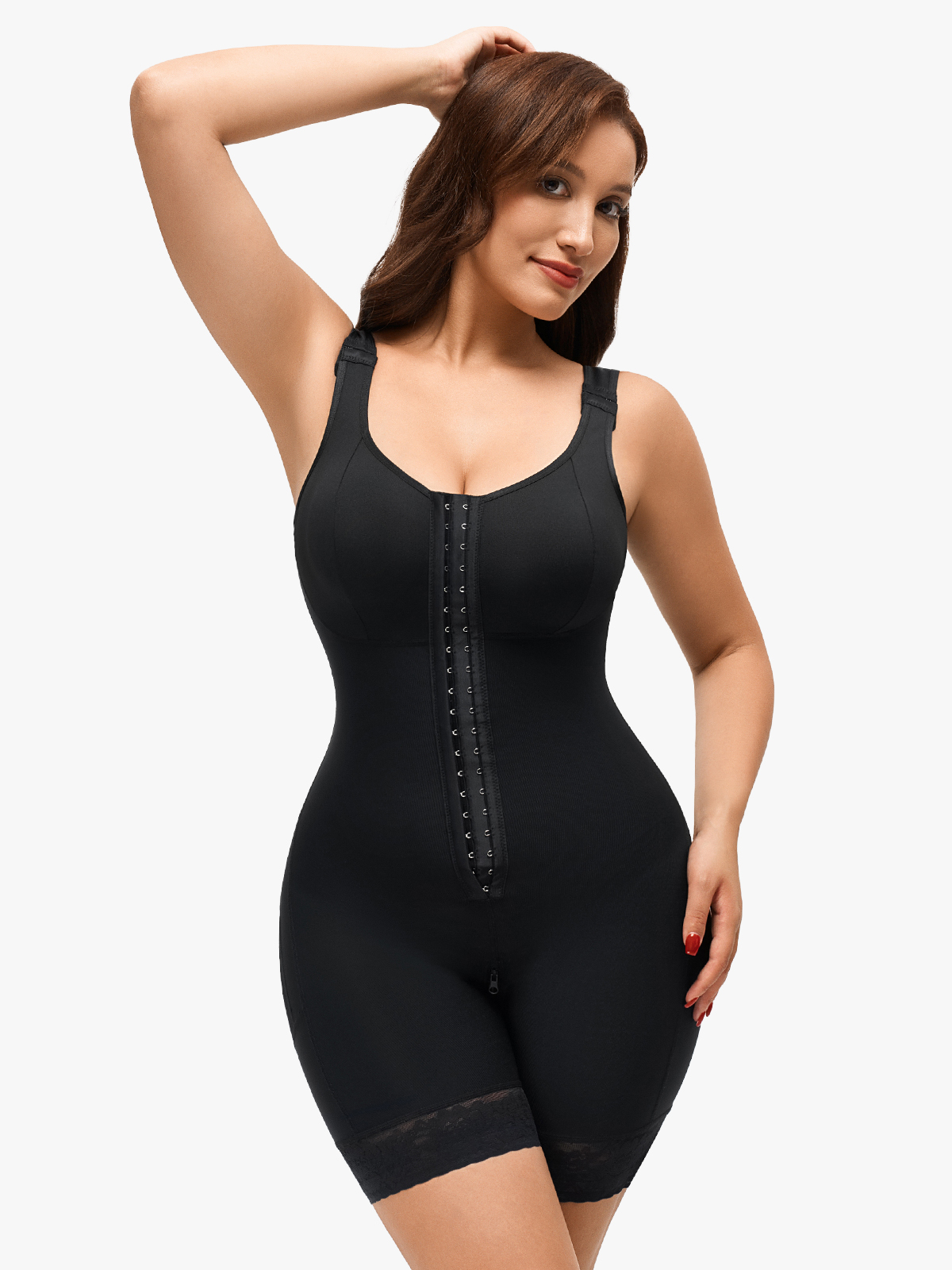 Front Zipper Crotch Opening Mid Thigh Shapewear Bodysuit