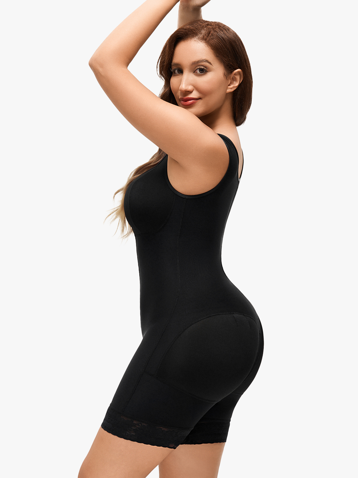 Front Zipper Crotch Opening Mid Thigh Shapewear Bodysuit