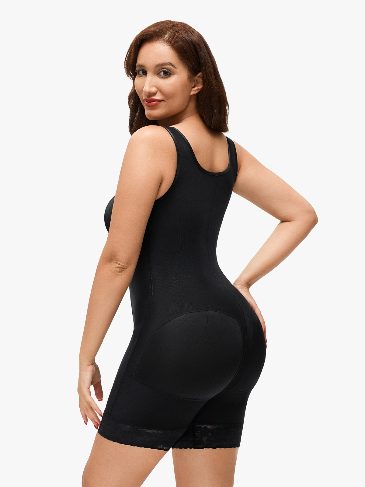 Front Zipper Crotch Opening Mid Thigh Shapewear Bodysuit