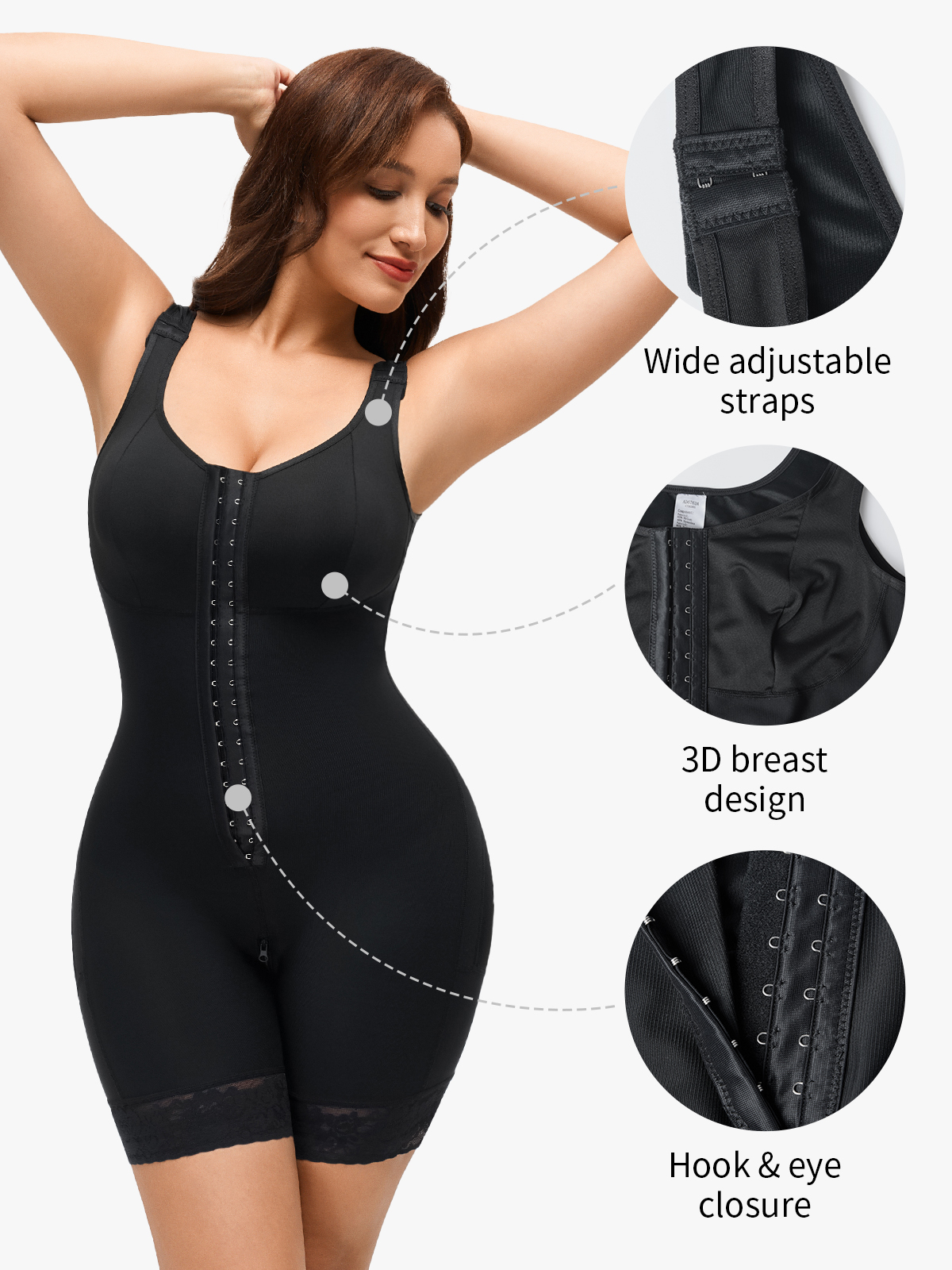 Front Zipper Crotch Opening Mid Thigh Shapewear Bodysuit