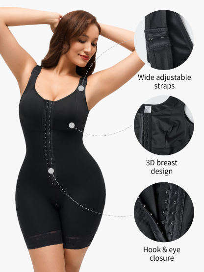 Front Zipper Crotch Opening Mid Thigh Shapewear Bodysuit