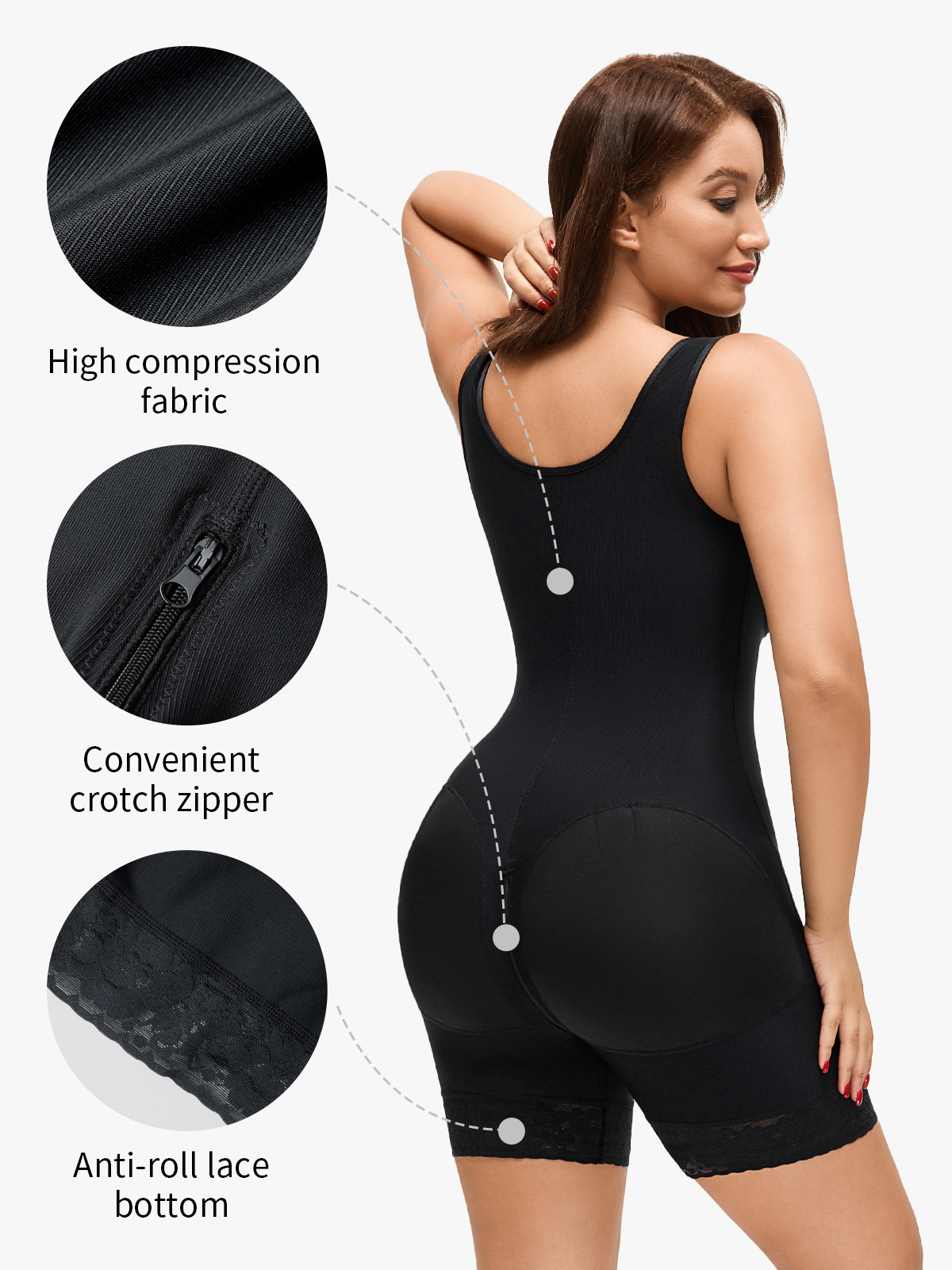 Front Zipper Crotch Opening Mid Thigh Shapewear Bodysuit