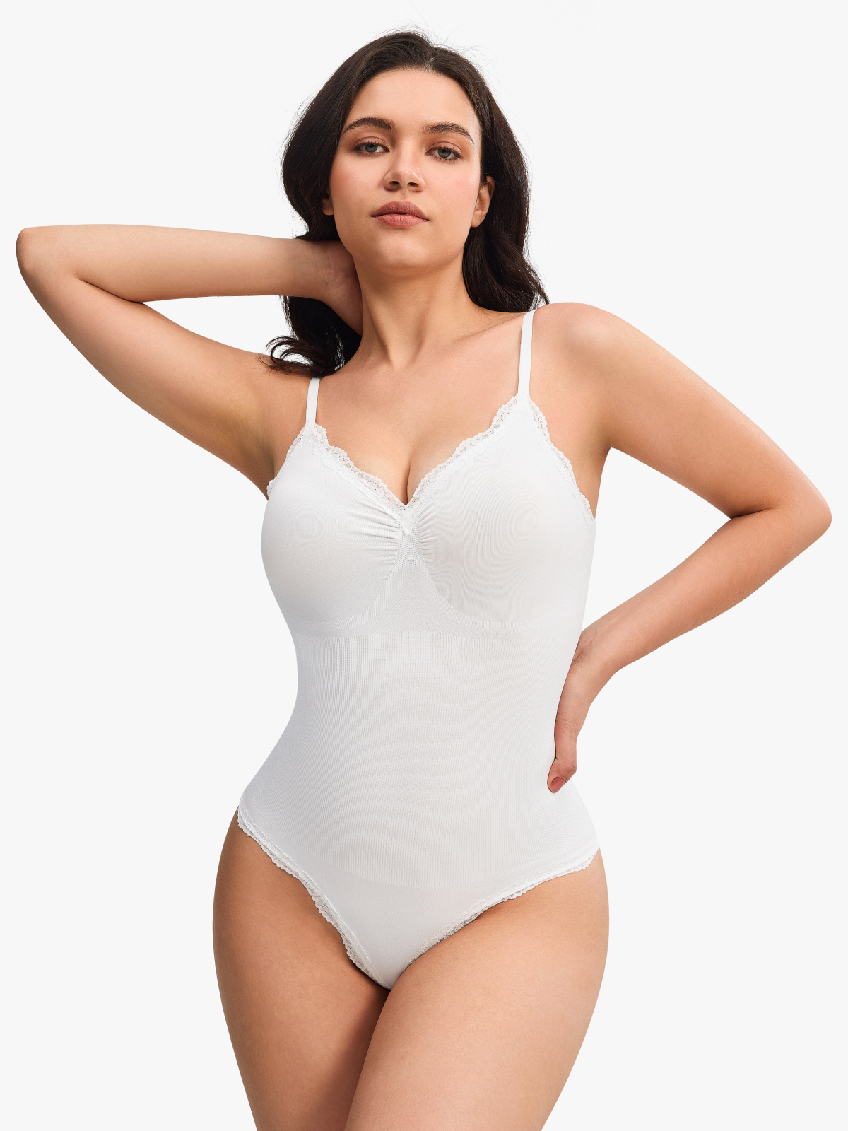 Women Seamless Lace Trimmed Deep Plunge Slimming Thong Bodysuit