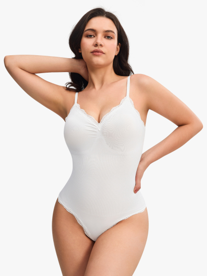 Women Seamless Lace Trimmed Deep Plunge Slimming Thong Bodysuit