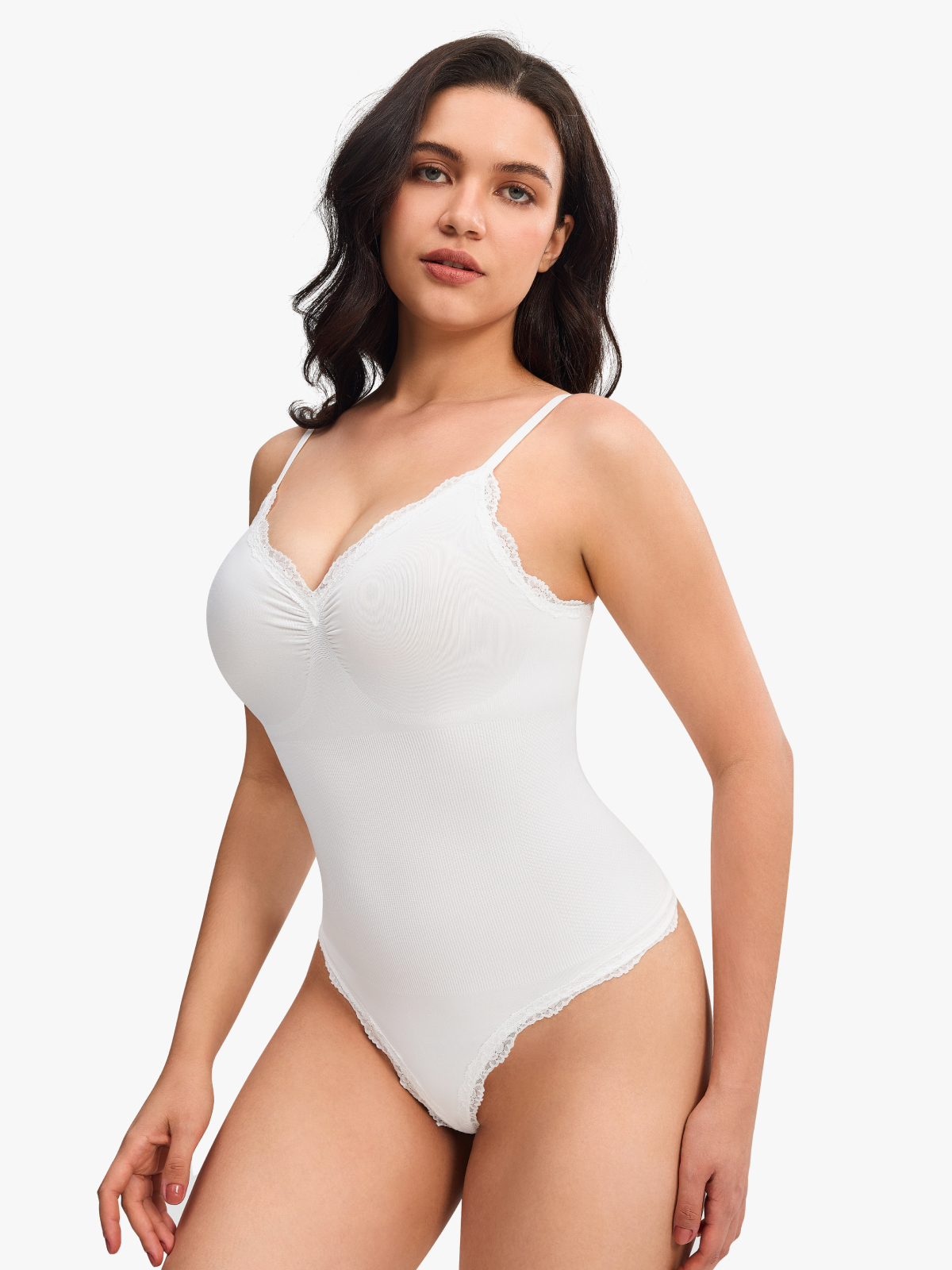 Women Seamless Lace Trimmed Deep Plunge Slimming Thong Bodysuit