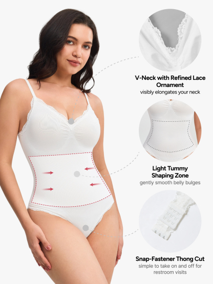 Women Seamless Lace Trimmed Deep Plunge Slimming Thong Bodysuit