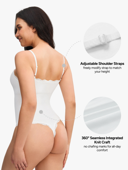 Women Seamless Lace Trimmed Deep Plunge Slimming Thong Bodysuit