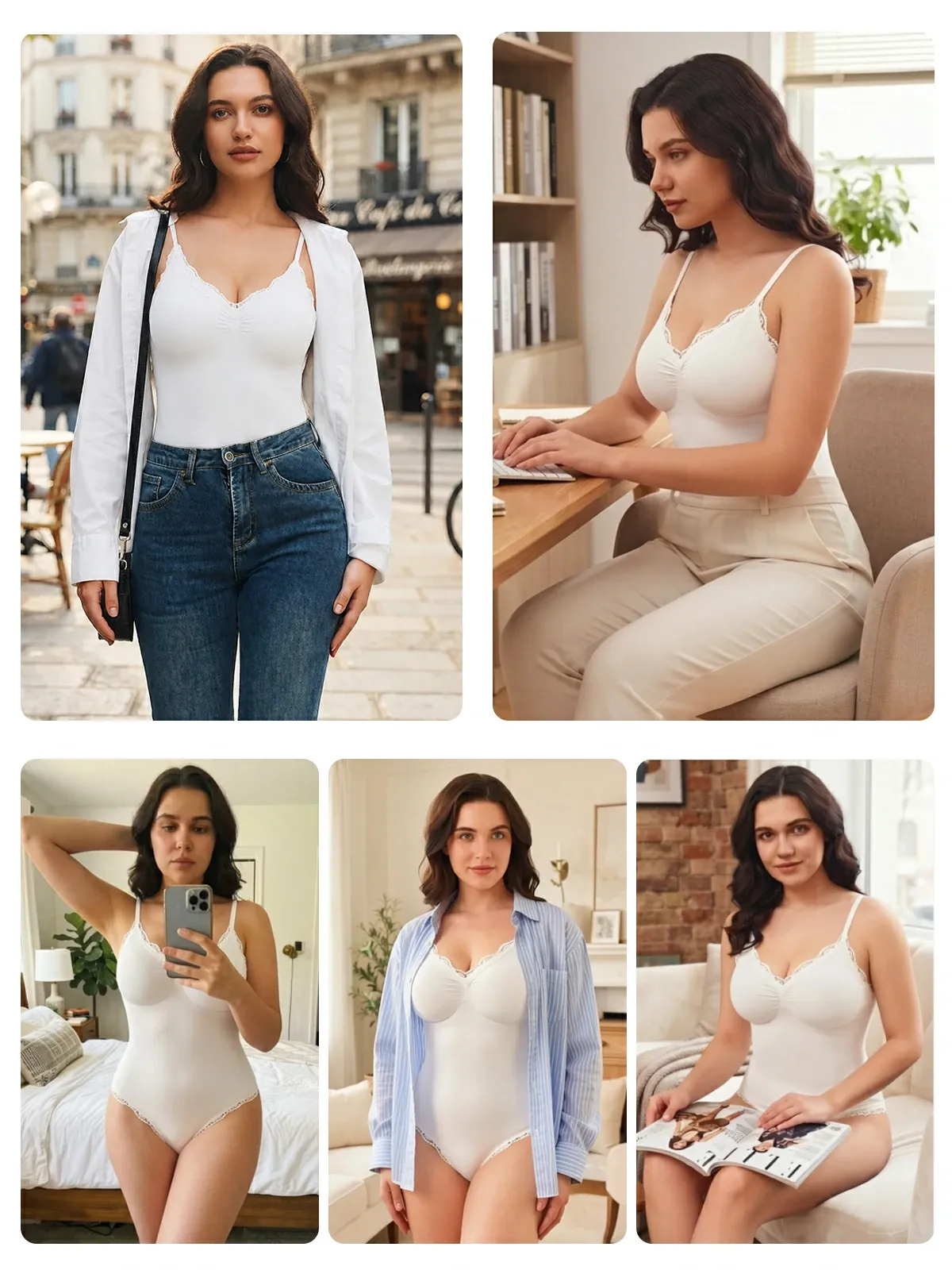 Women Lace Trimmed Deep Plunge Slimming Seamless Thong Bodysuit