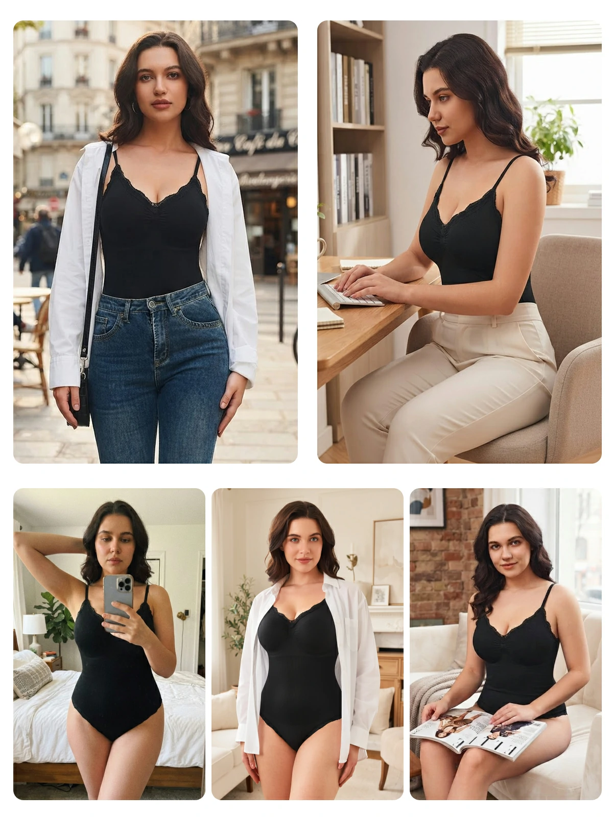 Women Lace Trimmed Deep Plunge Slimming Seamless Thong Bodysuit