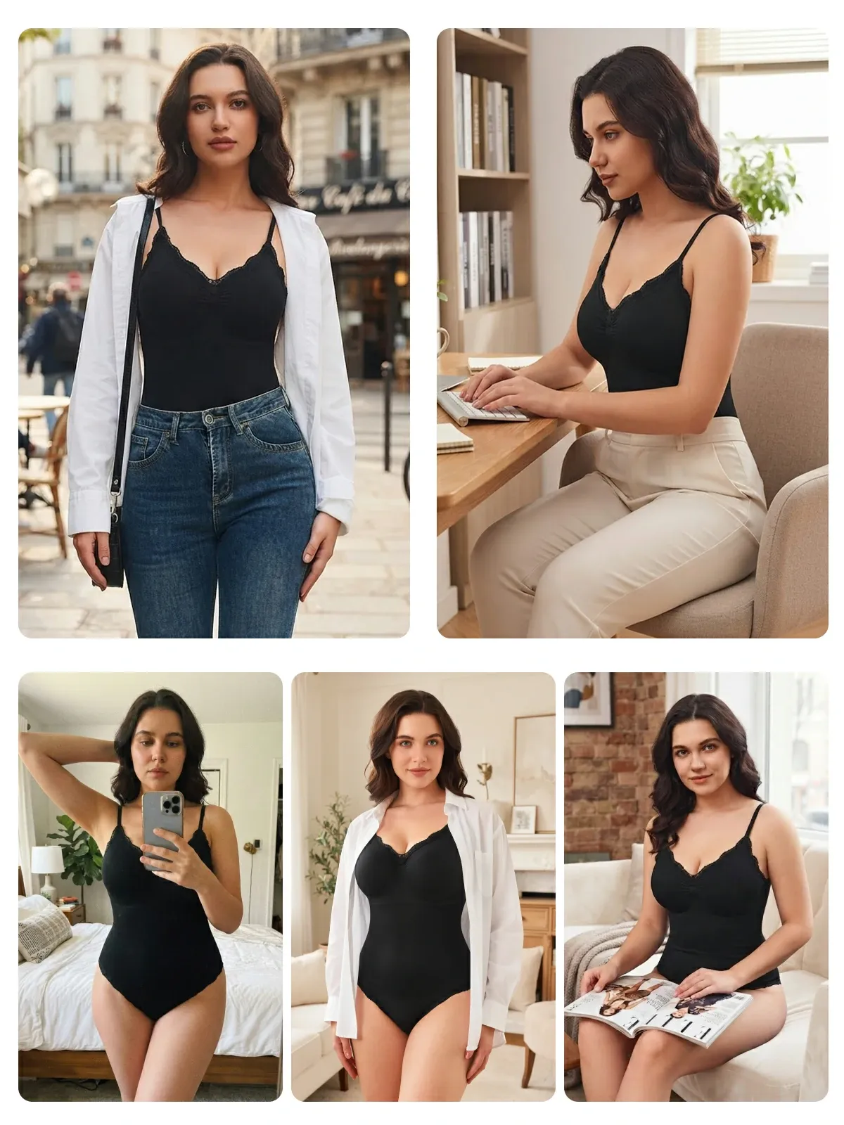 Women Lace Trimmed Deep Plunge Slimming Seamless Thong Bodysuit