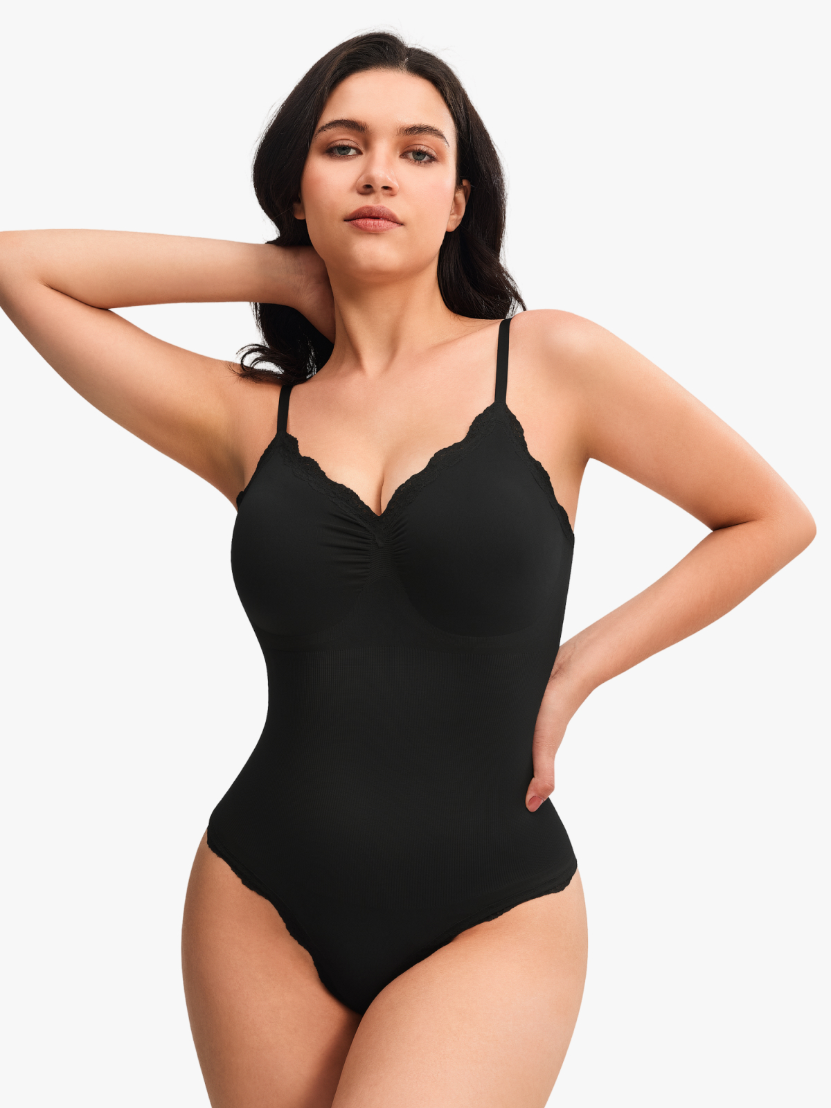 Women Seamless Lace Trimmed Deep Plunge Slimming Thong Bodysuit