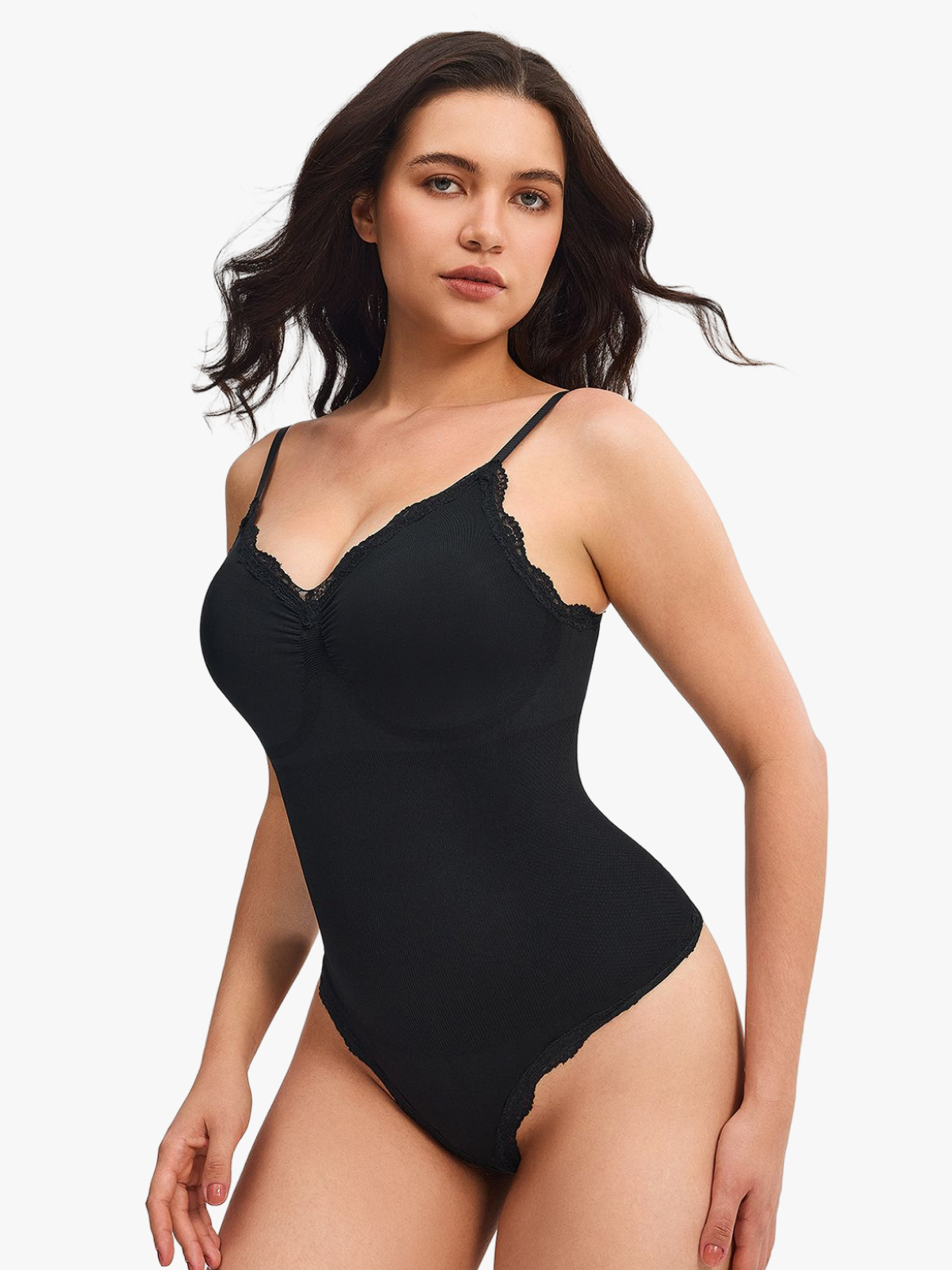 Women Seamless Lace Trimmed Deep Plunge Slimming Thong Bodysuit