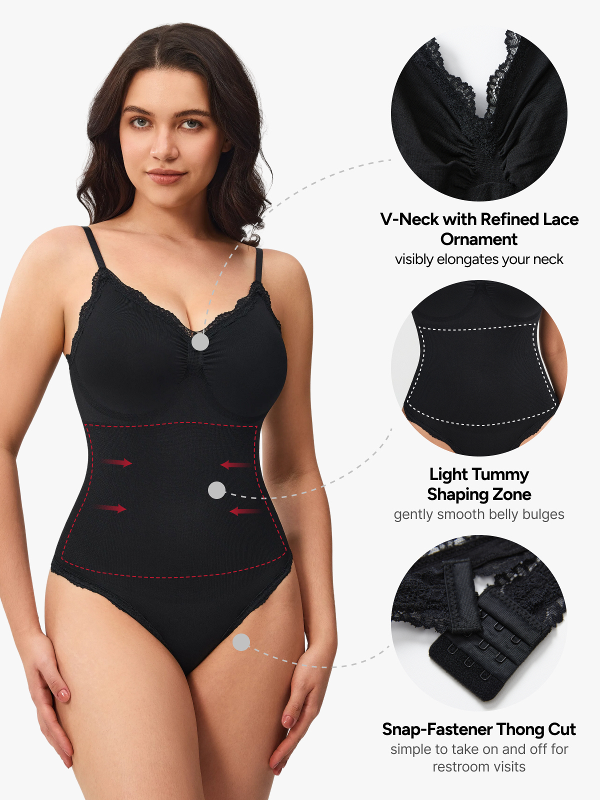 Women Seamless Lace Trimmed Deep Plunge Slimming Thong Bodysuit