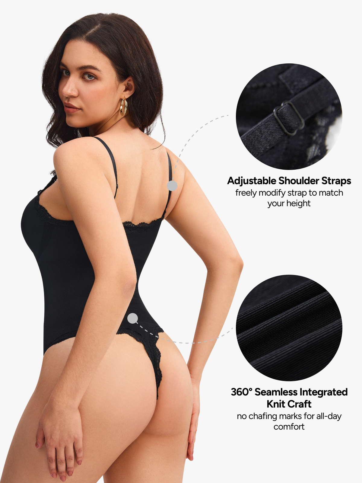 Women Seamless Lace Trimmed Deep Plunge Slimming Thong Bodysuit
