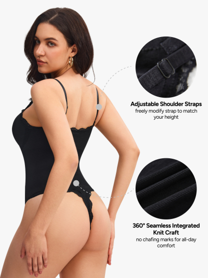 Women Seamless Lace Trimmed Deep Plunge Slimming Thong Bodysuit
