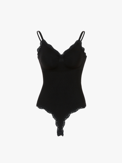 Women Seamless Lace Trimmed Deep Plunge Slimming Thong Bodysuit