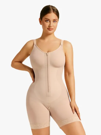 Mesh Front Zipper Crotch Opening Mid-Thigh Bodysuit