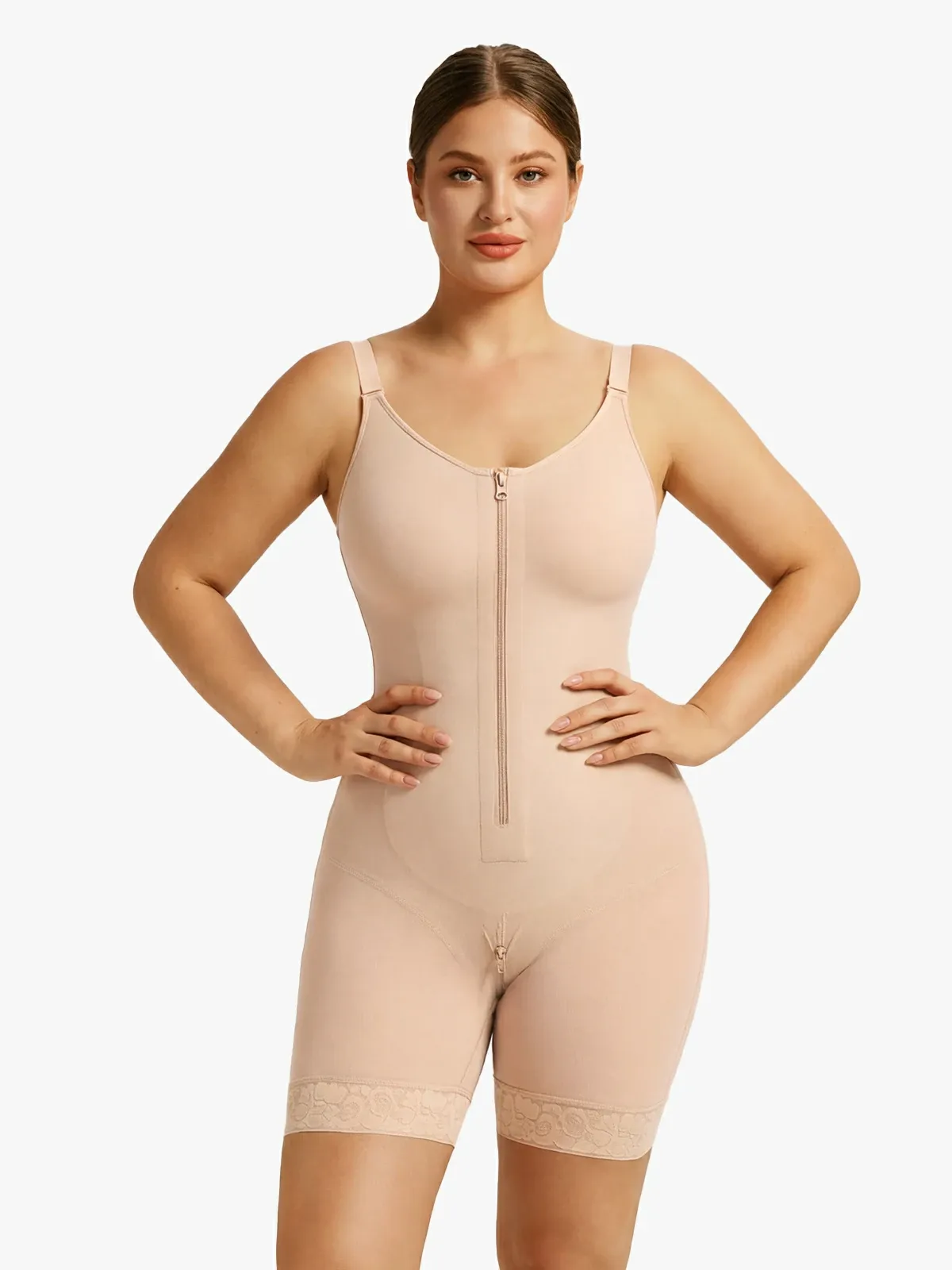 Mesh Front Zipper Crotch Opening Mid-Thigh Bodysuit