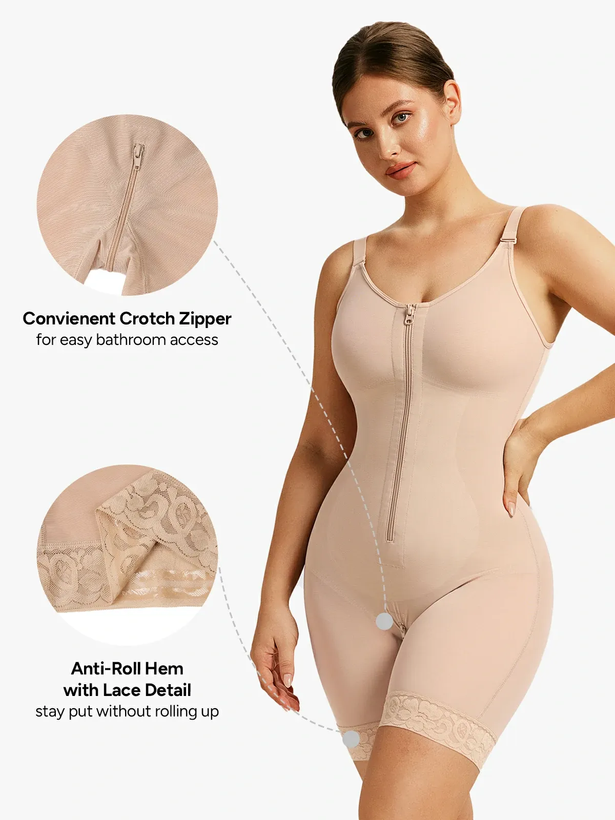 Mesh Front Zipper Crotch Opening Mid-Thigh Bodysuit