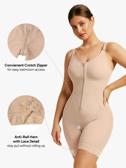 Mesh Front Zipper Crotch Opening Mid-Thigh Bodysuit