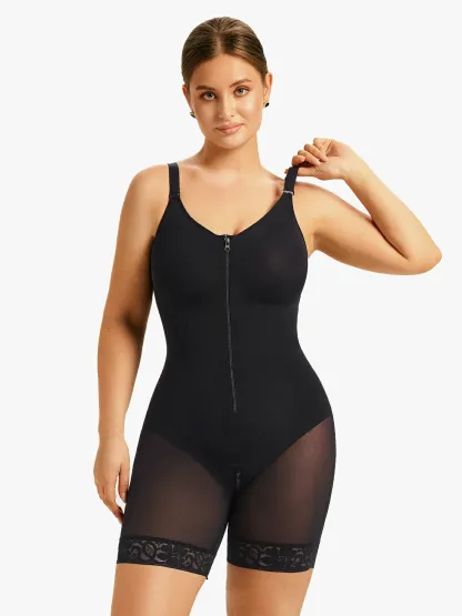 Mesh Front Zipper Crotch Opening Mid-Thigh Bodysuit