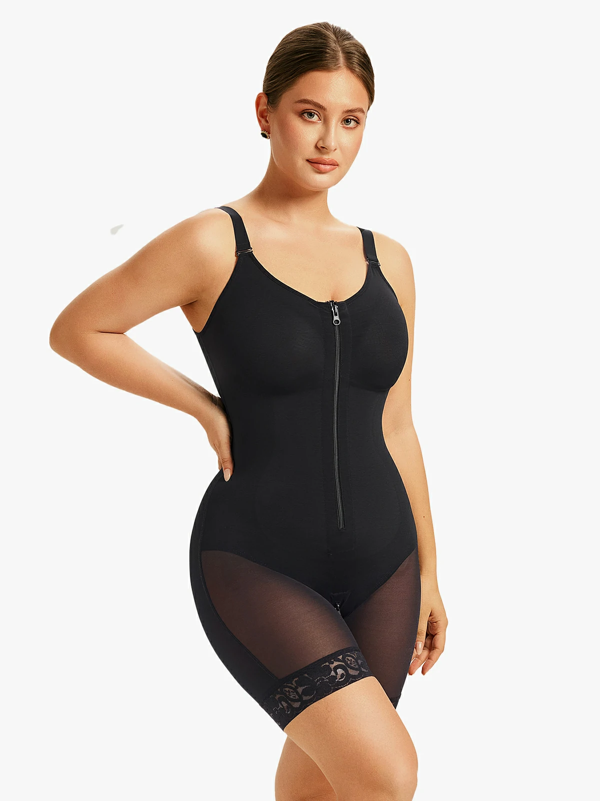 Mesh Front Zipper Crotch Opening Mid-Thigh Bodysuit