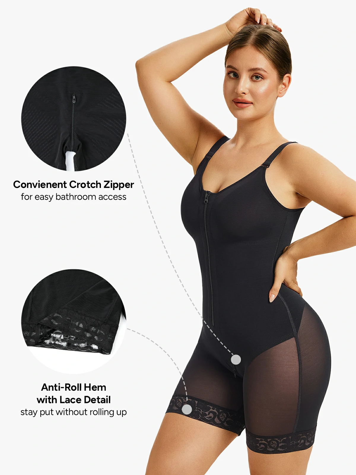Mesh Front Zipper Crotch Opening Mid-Thigh Bodysuit