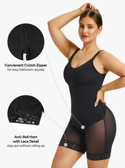 Mesh Front Zipper Crotch Opening Mid-Thigh Bodysuit