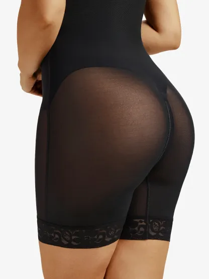 Mesh Front Zipper Crotch Opening Mid-Thigh Bodysuit