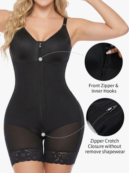 Mesh Front Zipper Mid-Thigh Bodysuit
