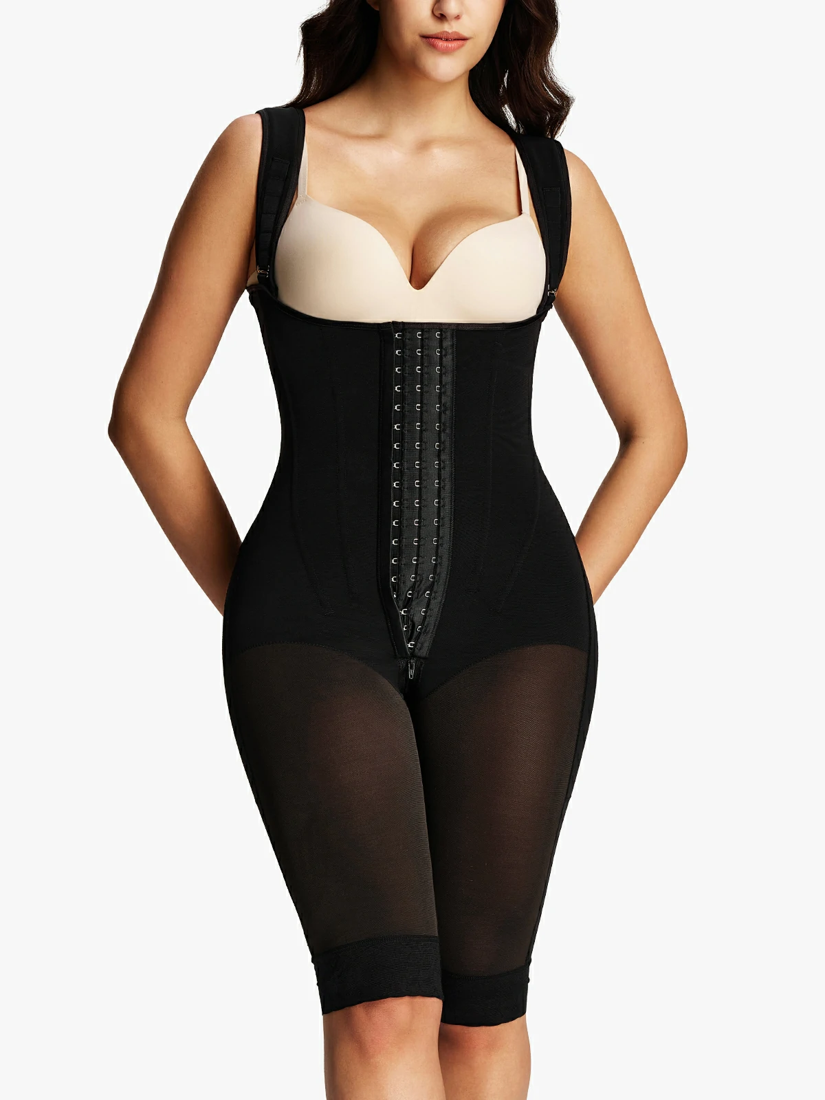 Mesh Open Bust Tummy Control Capri Bodysuit