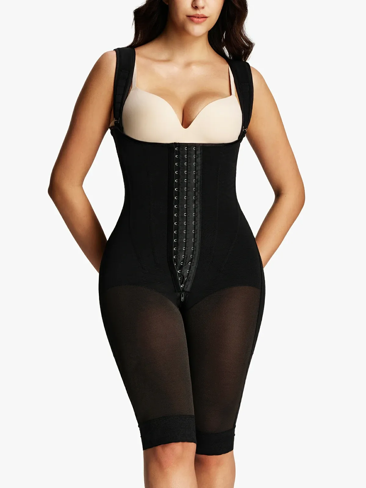 Mesh Open Bust Tummy Control Capri Bodysuit