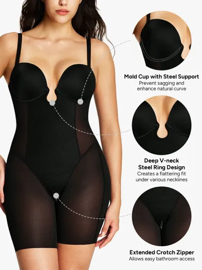 Deep Plunge Tummy Control Mid Thigh Bodysuit