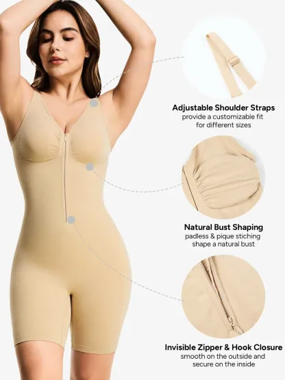Seamless Zip up Tummy Control Mid-Thigh Bodysuit