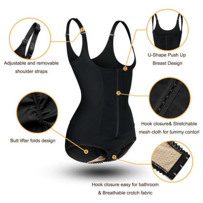 Women Black Waist Corset Double Layer Split Gusset Bodysuit - Nebility