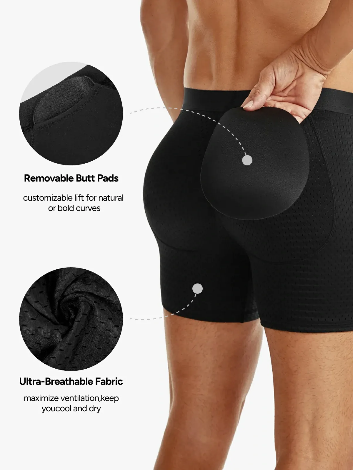 Mid-Waist Mesh Boxers Panties With Removable Butt Pads For Men