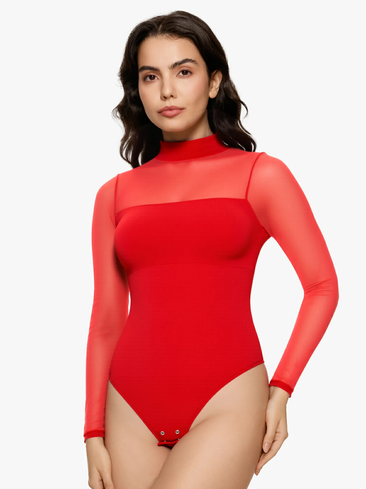 Women Sheer Mesh Long Sleeve Thong Shapewear Bodysuits