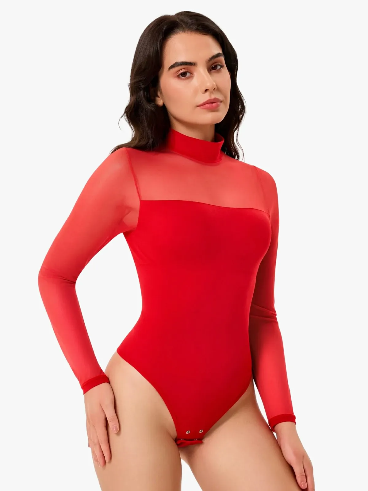 Women Sheer Mesh Long Sleeve Thong Shapewear Bodysuits