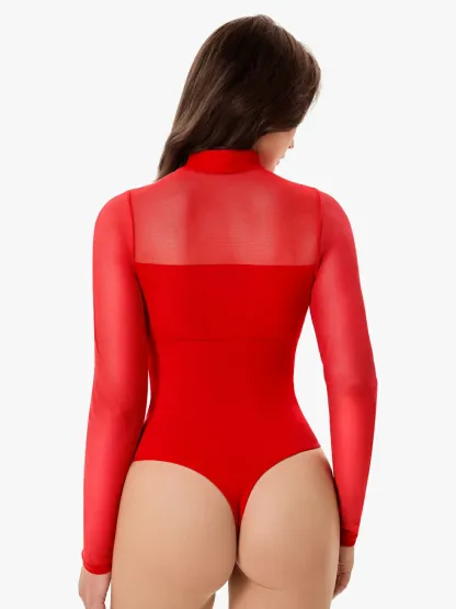Women Sheer Mesh Long Sleeve Thong Shapewear Bodysuits