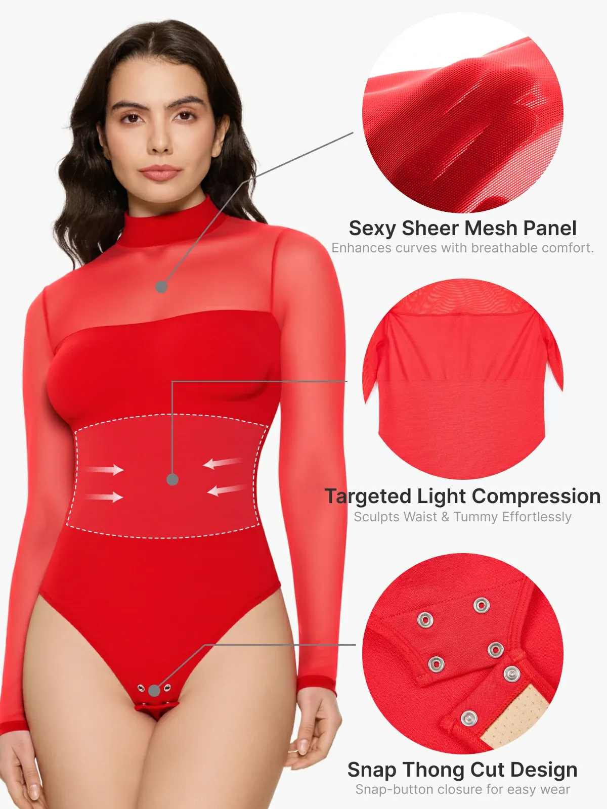 Women Sheer Mesh Long Sleeve Thong Shapewear Bodysuits