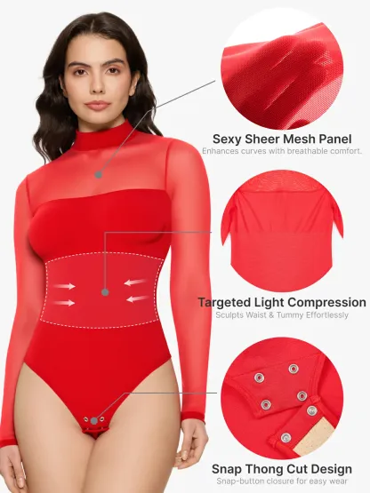 Women Sheer Mesh Long Sleeve Thong Shapewear Bodysuits