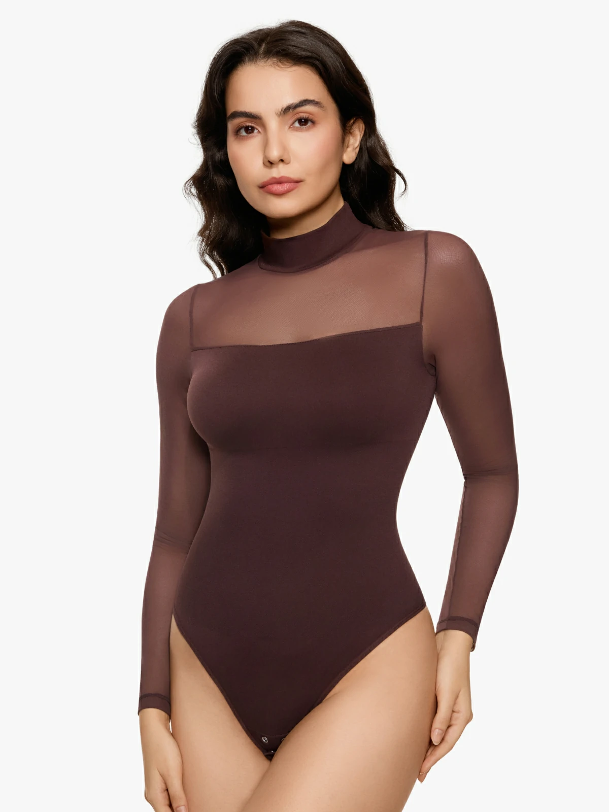 Women Sheer Mesh Long Sleeve Thong Shapewear Bodysuits