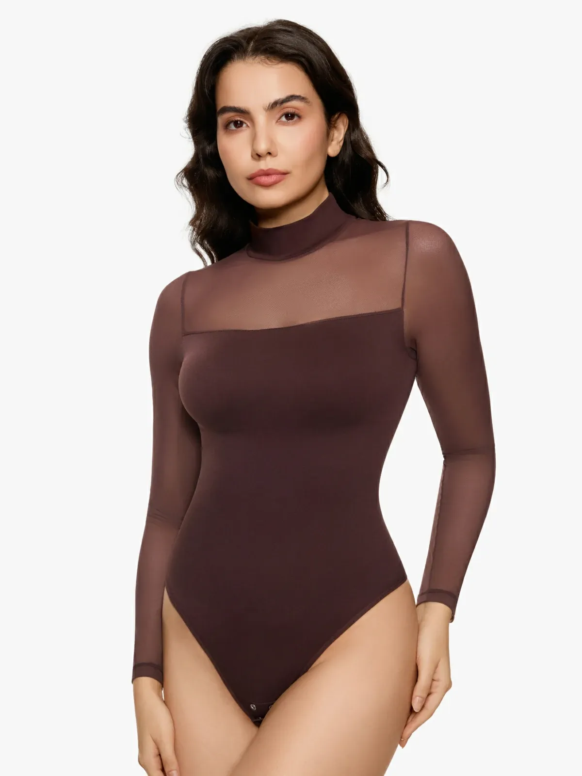 Women Sheer Mesh Long Sleeve Thong Shapewear Bodysuits