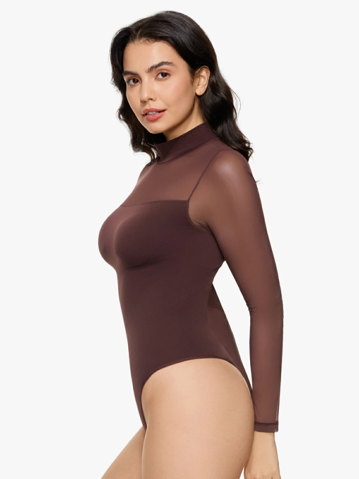 Women Sheer Mesh Long Sleeve Thong Shapewear Bodysuits
