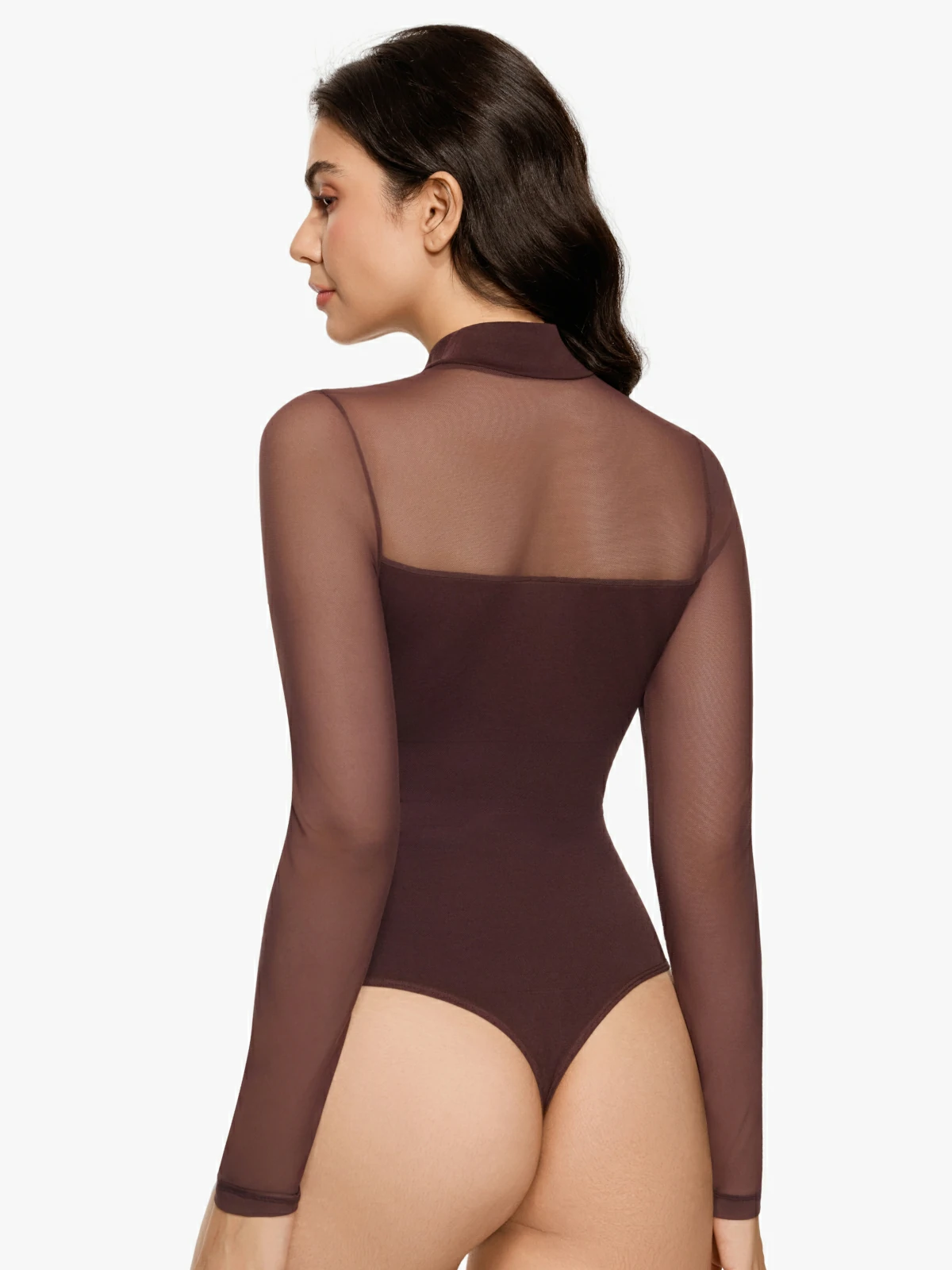 Women Sheer Mesh Long Sleeve Thong Shapewear Bodysuits