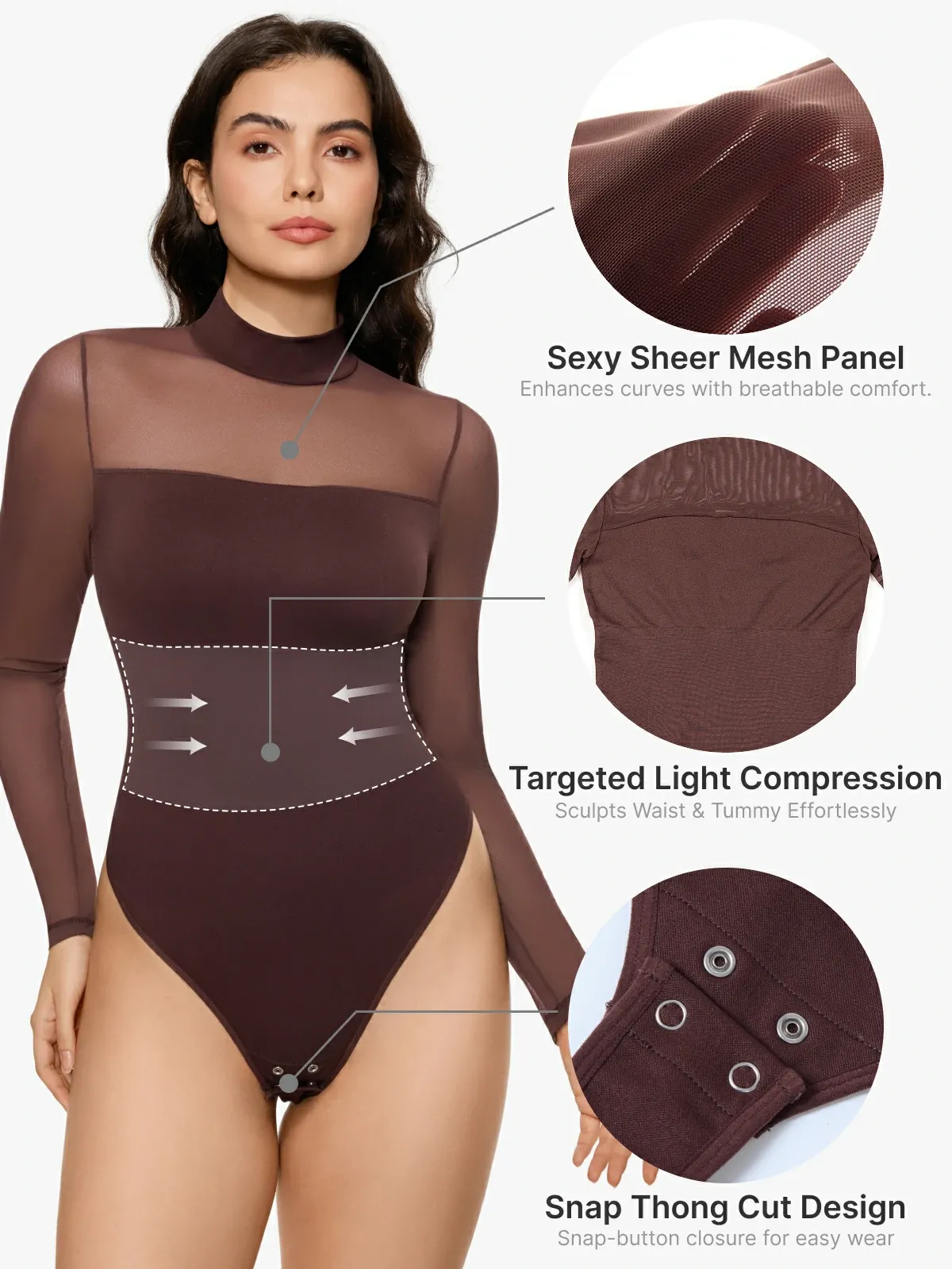 Women Sheer Mesh Long Sleeve Thong Shapewear Bodysuits