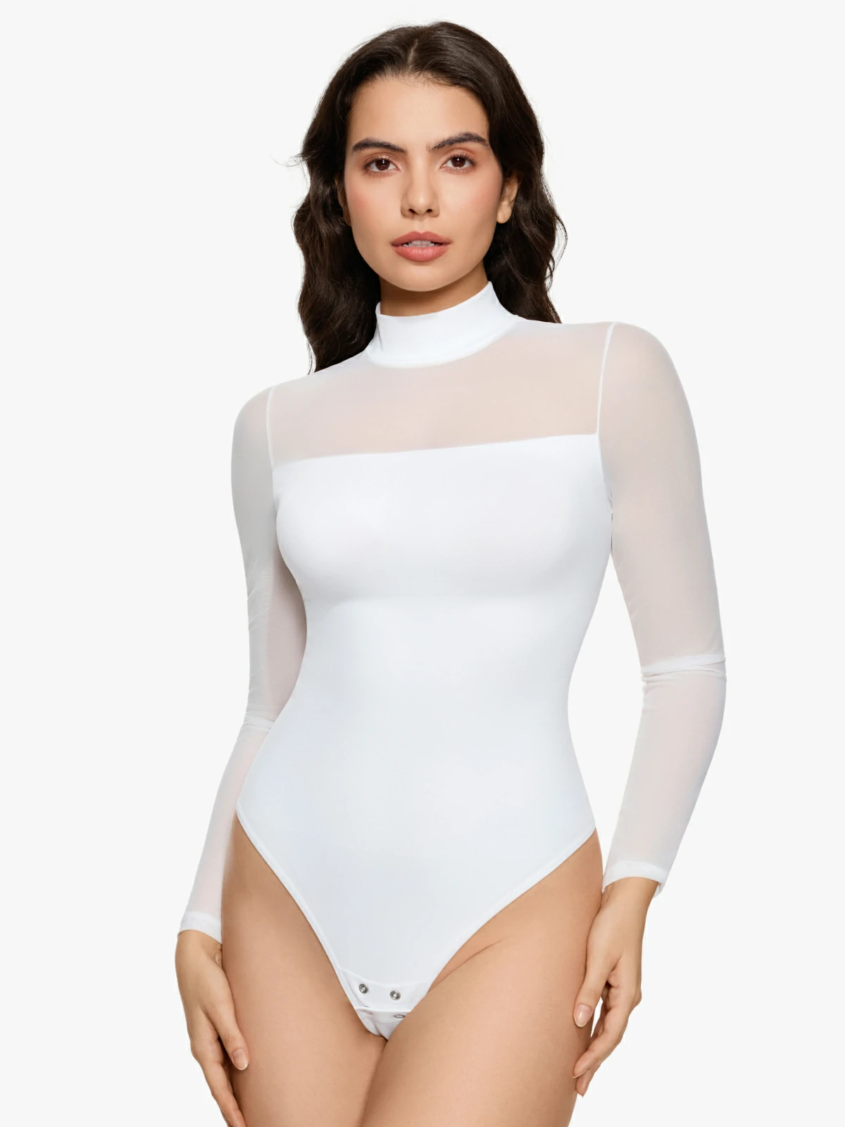 Women Sheer Mesh Long Sleeve Thong Shapewear Bodysuits