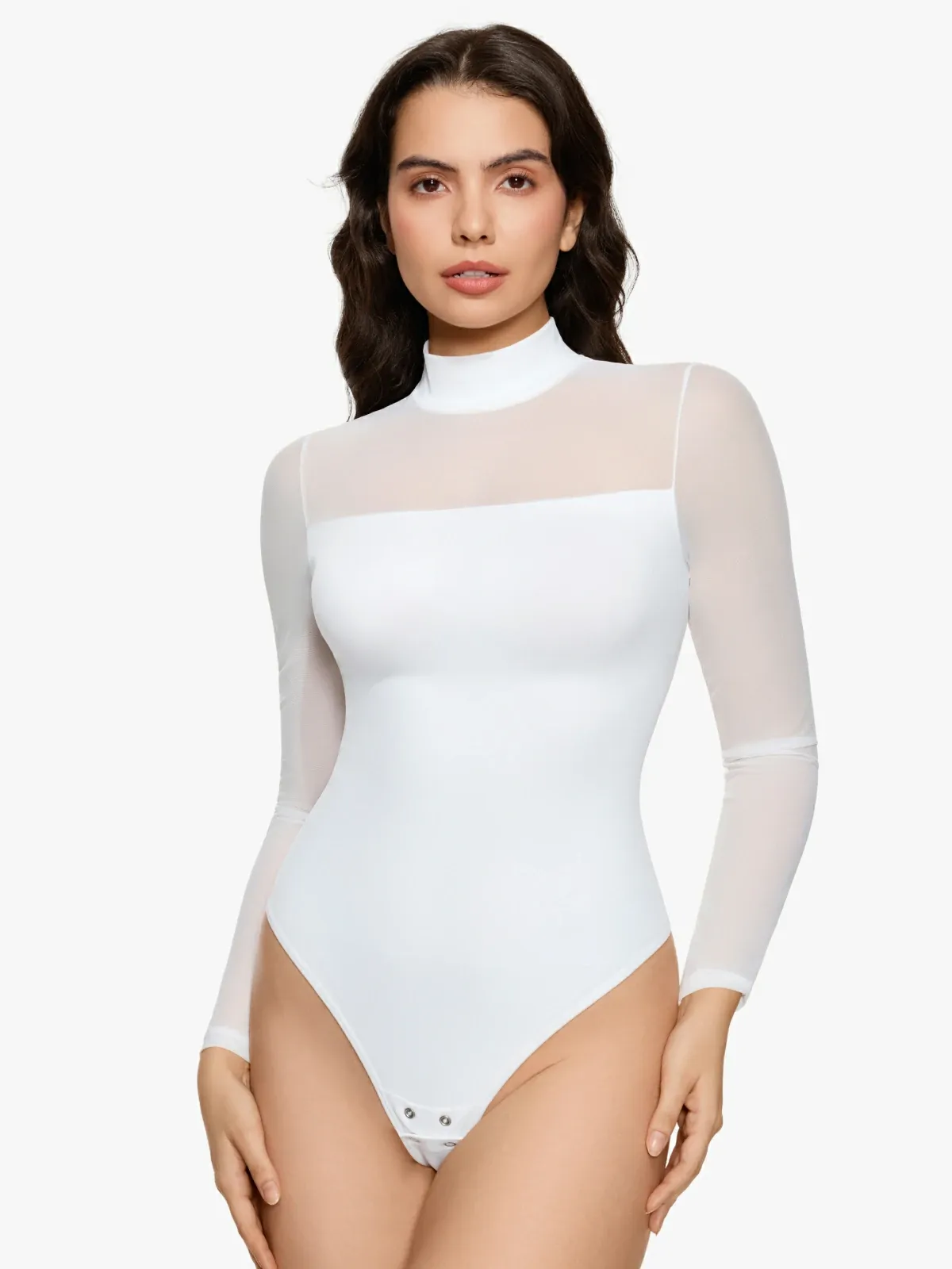Women Sheer Mesh Long Sleeve Thong Shapewear Bodysuits