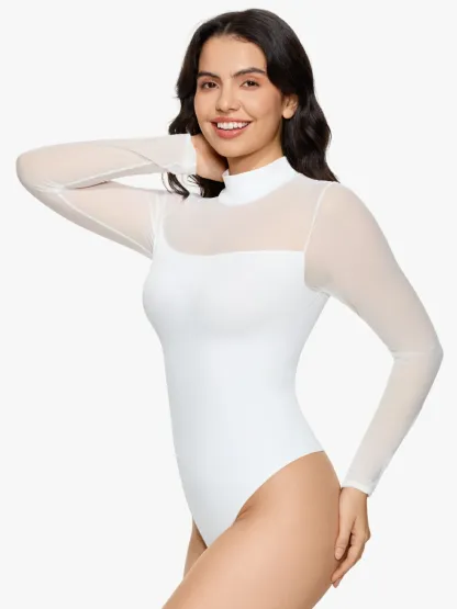 Women Sheer Mesh Long Sleeve Thong Shapewear Bodysuits