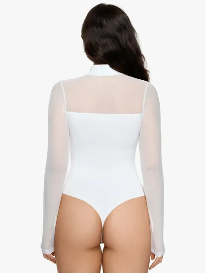 Women Sheer Mesh Long Sleeve Thong Shapewear Bodysuits